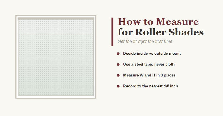 How to measure for roller shades: decide mount type, use a steel tape, measure width and height in three places