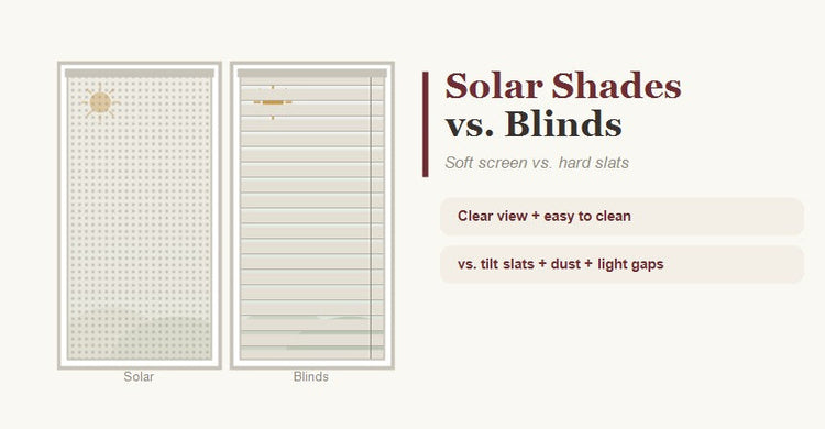 Solar shades vs blinds guide showing a soft screen shade beside a slatted blind