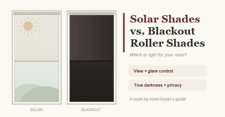 Solar shades vs blackout roller shades guide showing a translucent solar shade beside an opaque blackout roller shade