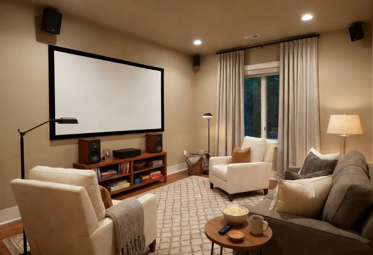 Media room with blackout curtains showing perfect contrast on projector screen