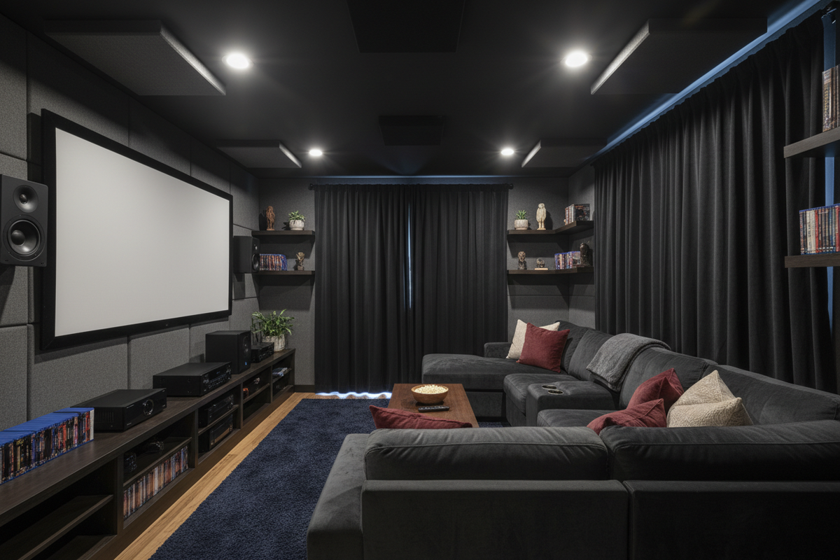 Premium home theater with blackout curtains for optimal projection