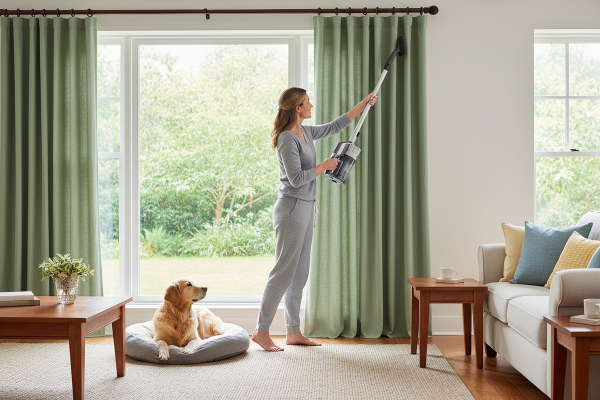 Easy-clean curtains in a pet-friendly home environment