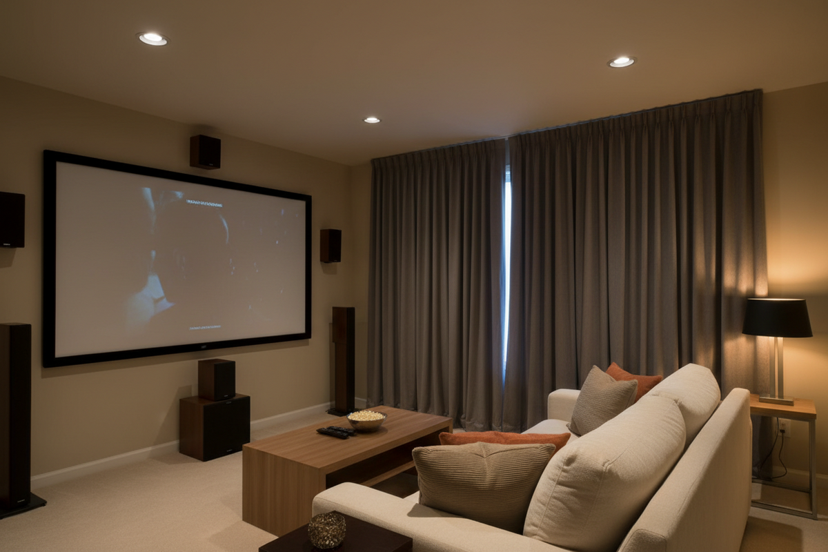 Professional home theater with Curtarra blackout curtains