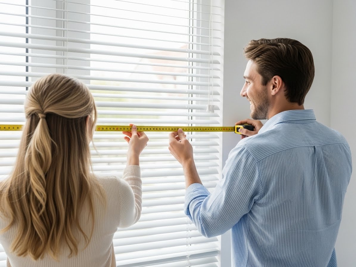Professional measuring curtains across multiple rooms with organized approach