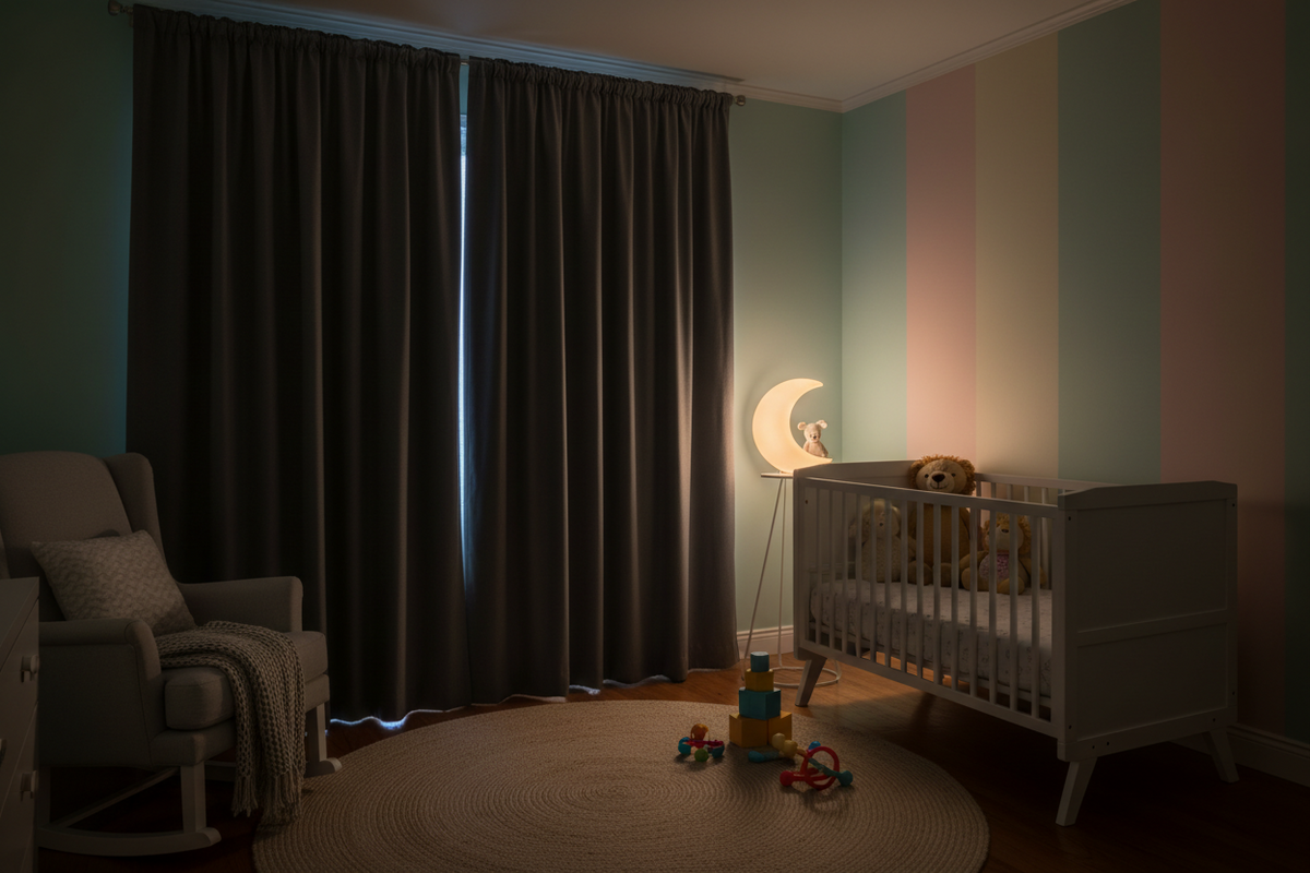 100% Blackout Baby Curtains in a peaceful nursery setting