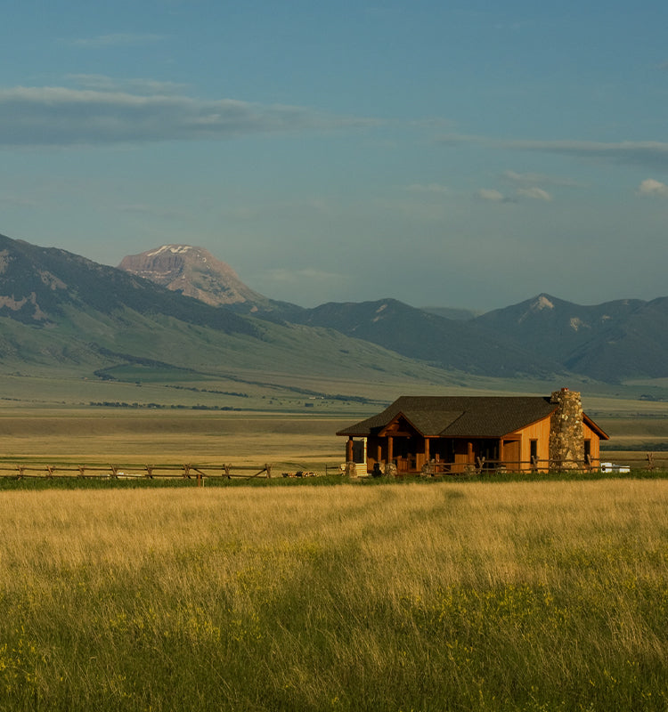 Wooden cabin in a field with mountains in the background