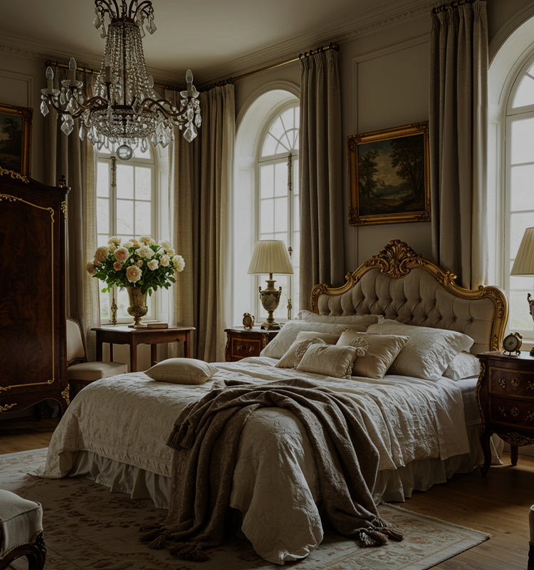 Luxurious bedroom with ornate bed, crystal chandelier, luxurious curtains, and large windows.
