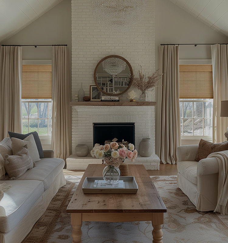 Elegant living room featuring Curtarra custom made shades, offering light filtering and natural texture.