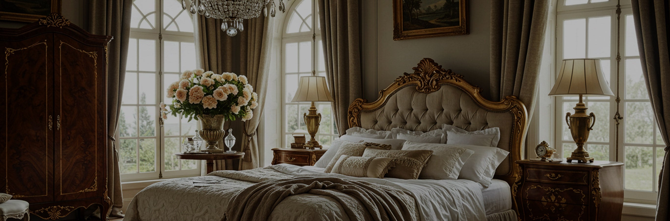 Luxurious bedroom with large bed, ornate headboard, beige curtains, and elegant decor.
