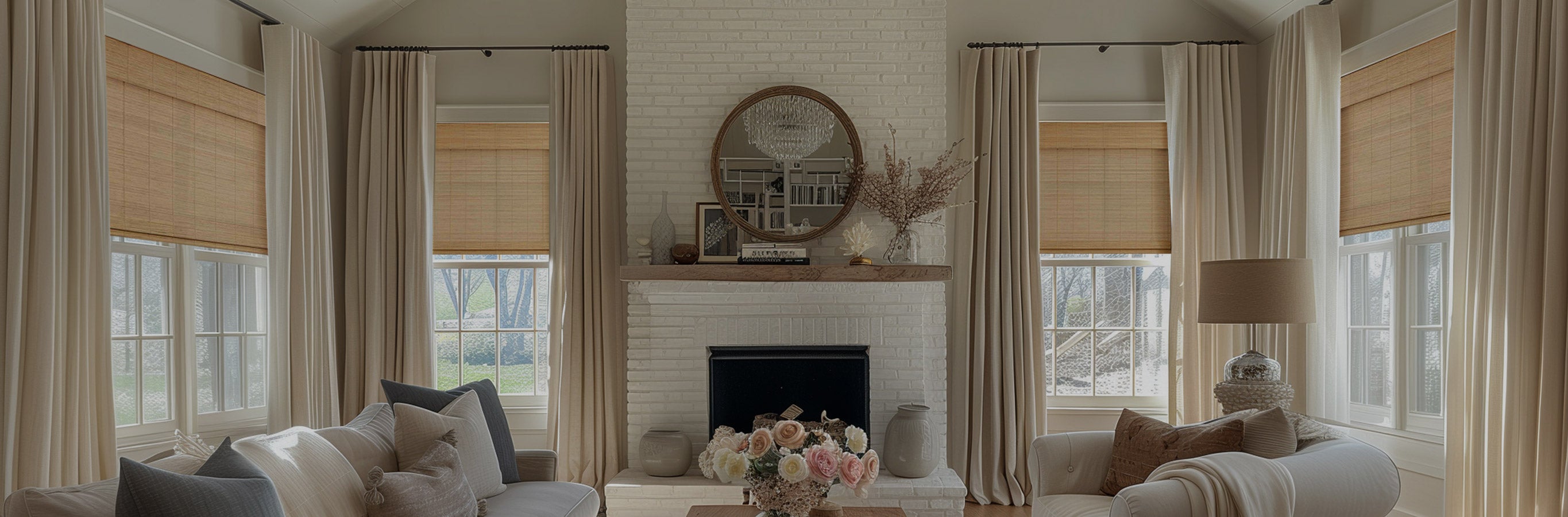 Curtarra custom made shades, natural bamboo window blinds complementing a cozy living room.