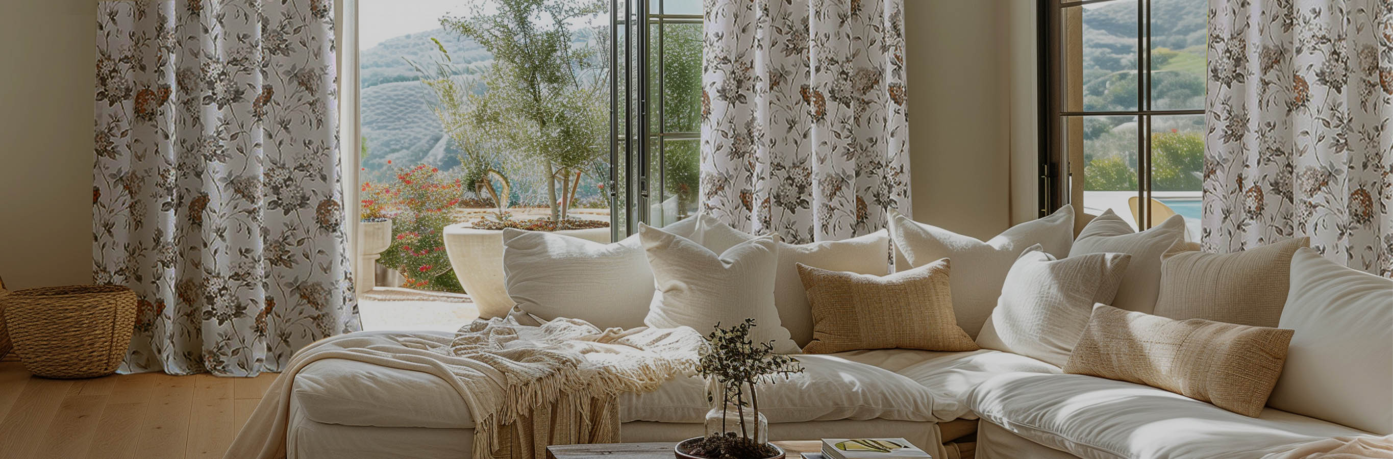 Bellina Hydrangea patterned custom curtains, made of polyester with high-temperature molding, adorn a bright living space, offering 40% light blocking and enhancing its classic American charm.
