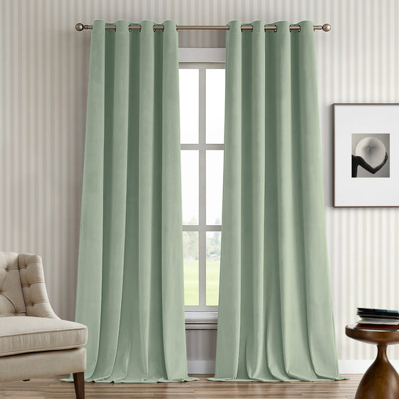 Sage Green,Green curtains hanging on a window with a neutral-colored wall and furniture in the background
