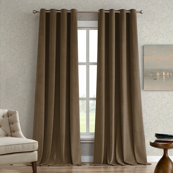 Umber Brown, Brown curtains hanging in a room with a chair and table.