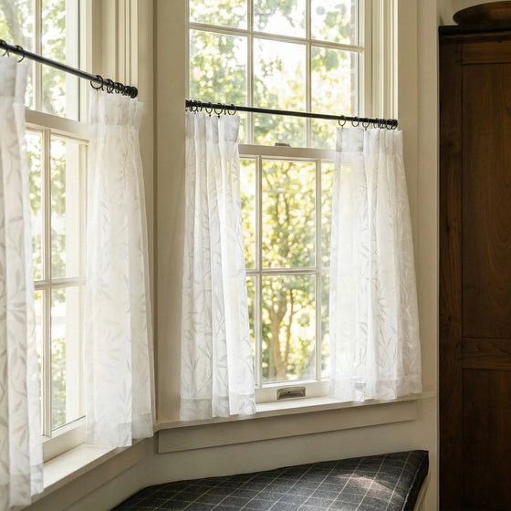 White,Emily Leaves Pattern Sheer Cafe Curtains