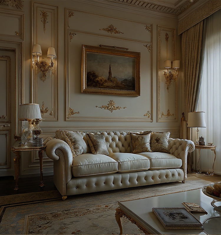 Evelyn Paisley Jacquard Linen Curtains in an elegant living room. These custom drapes, made from a natural linen-viscose blend with a unique paisley jacquard texture, offer 40%-50% light blocking. Perfect for a refined ambiance, these unlined custom window treatments enhance classic decor with their sophisticated design and natural fiber texture, providing both privacy and soft light filtering.