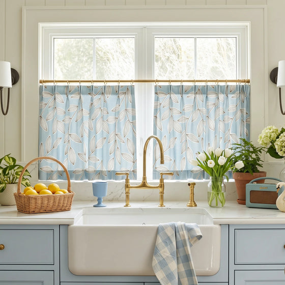 Blue,Fronde Leaf Pattern Cafe Curtains