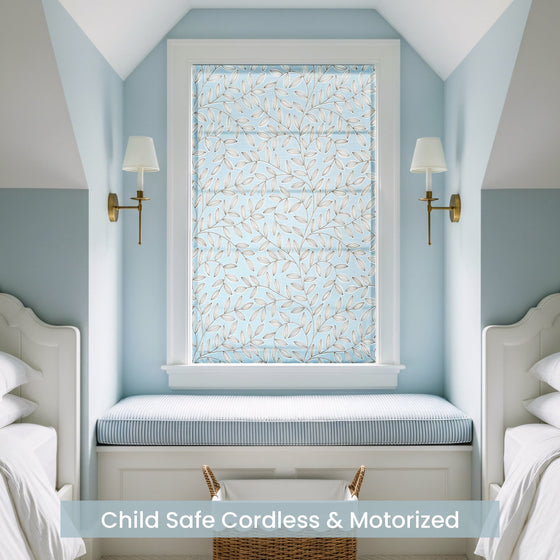 Blue,Window with decorative film in a bedroom setting, featuring text about child safety and window treatments.