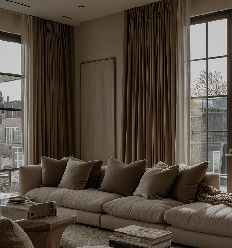 Gabriel Chenille Custom Herringbone Texture Curtains in a luxurious living room, showcasing their elegant drape and seamless integration with modern home decor, enhancing ambiance and privacy.