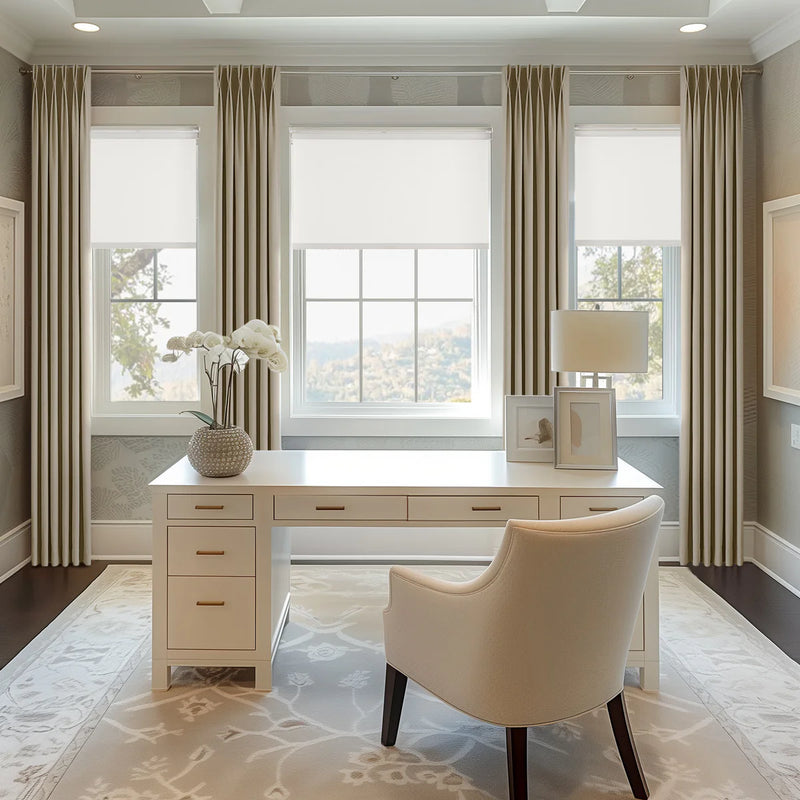Light filtering roller shade creating ideal home office lighting by diffusing natural light