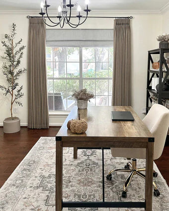 Light filtering curtains in bright home office with natural light and productivity-focused workspace