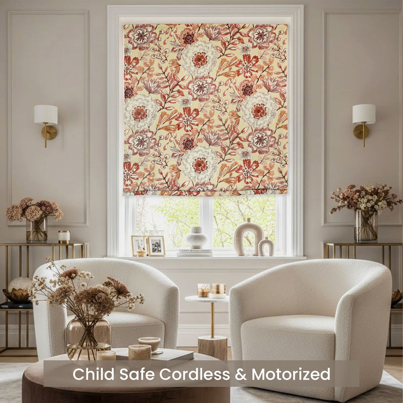 Autumn Beige,Living room with floral window blinds, white chairs, and decorative elements.