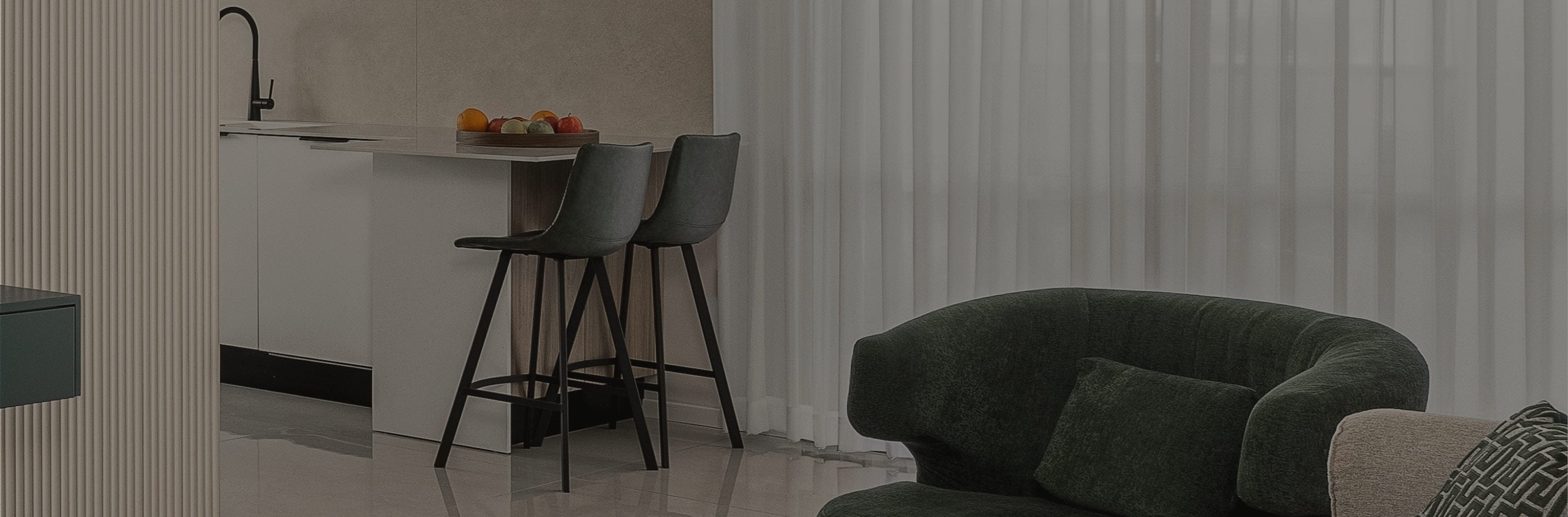 Alex Velvety Semi Sheer Curtains, white polyester drapes, brighten a contemporary room, showcasing their airy texture and light-filtering qualities.