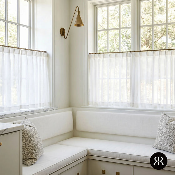 White,Ava Linen Look Semi Sheer Cafe Curtains