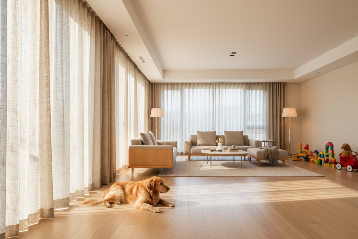 Durable pet-proof curtains in a stylish new home setting