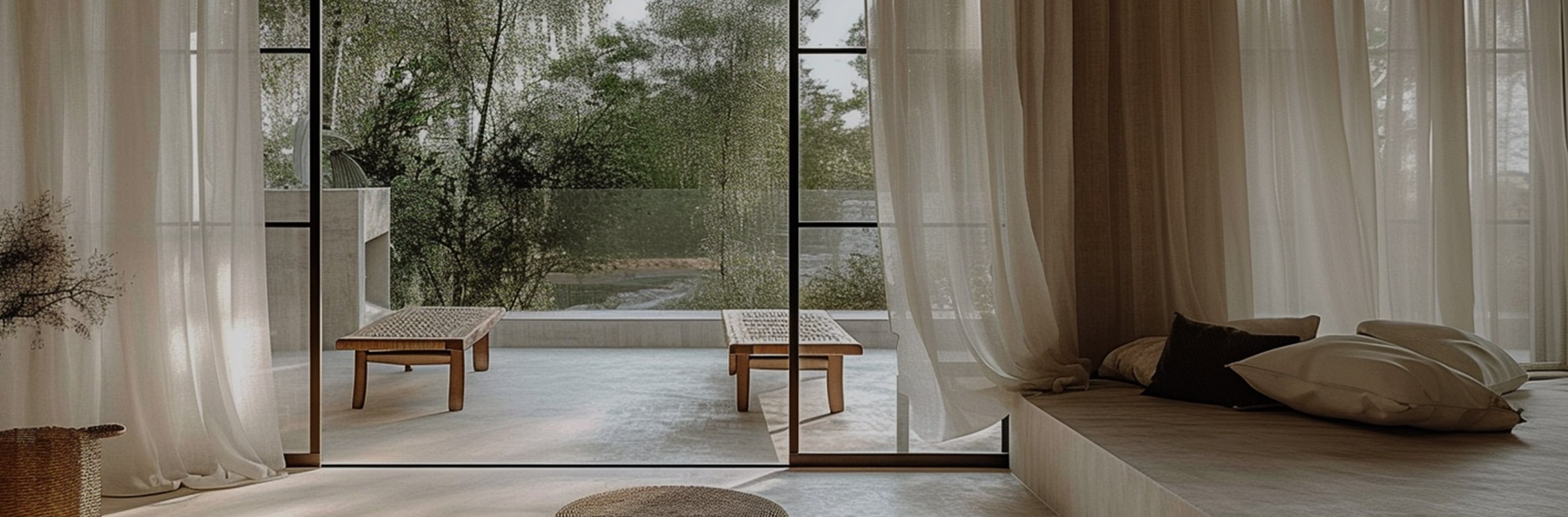 Bensen Linen Semi Sheer Curtains, offering elegant light diffusion and a tranquil indoor-outdoor feel for expansive patio doors.