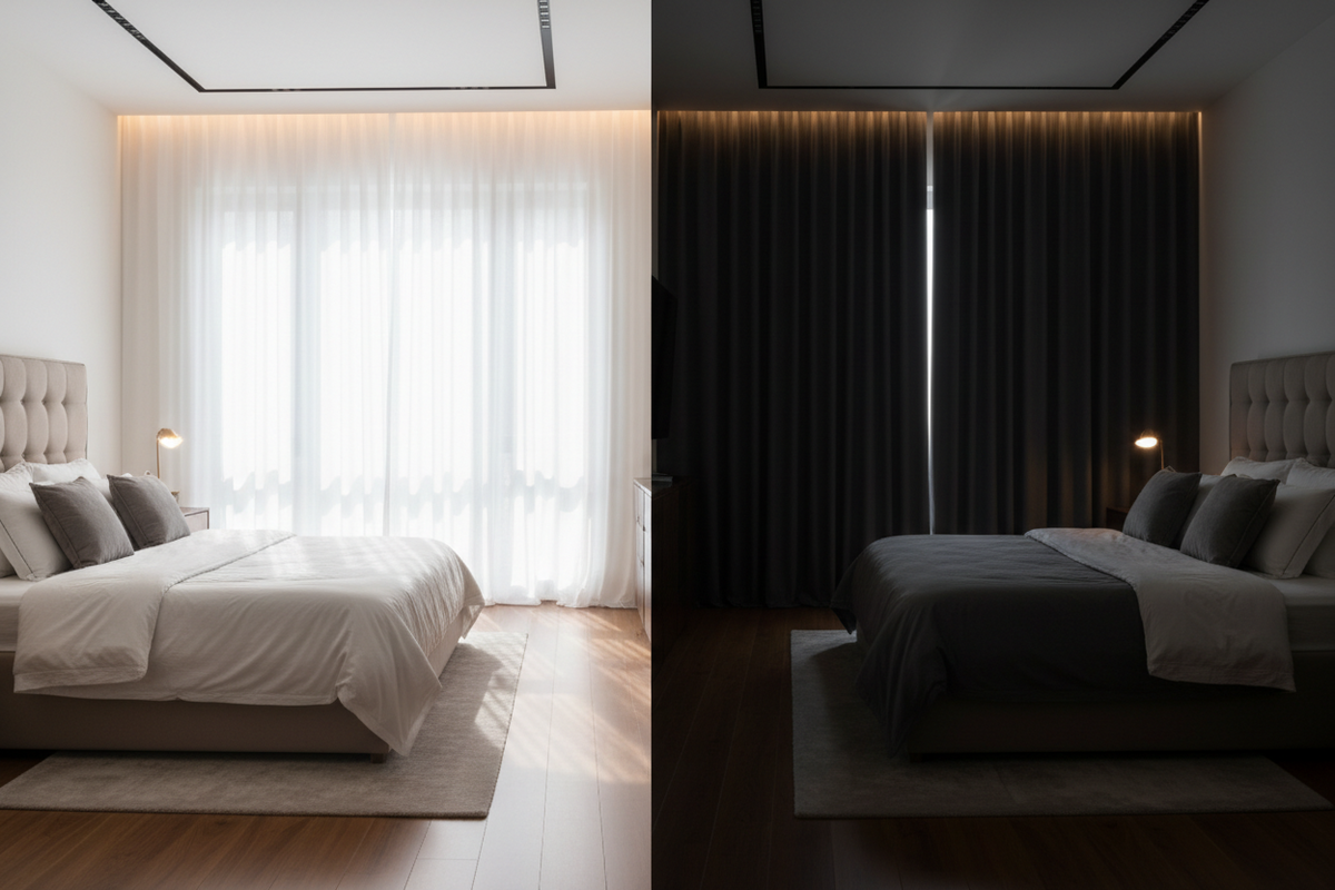 100% blackout curtains demonstrating complete light blocking in master bedroom