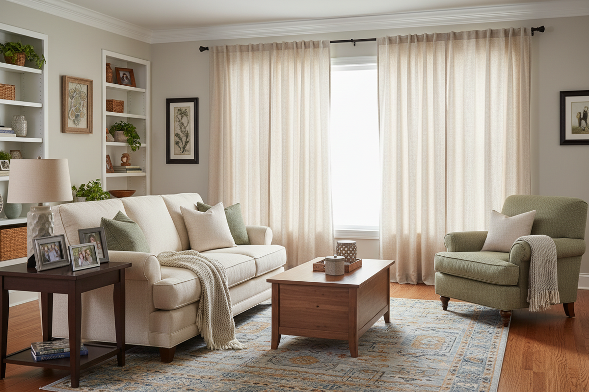 Elegant classic custom curtains in a bright new home interior