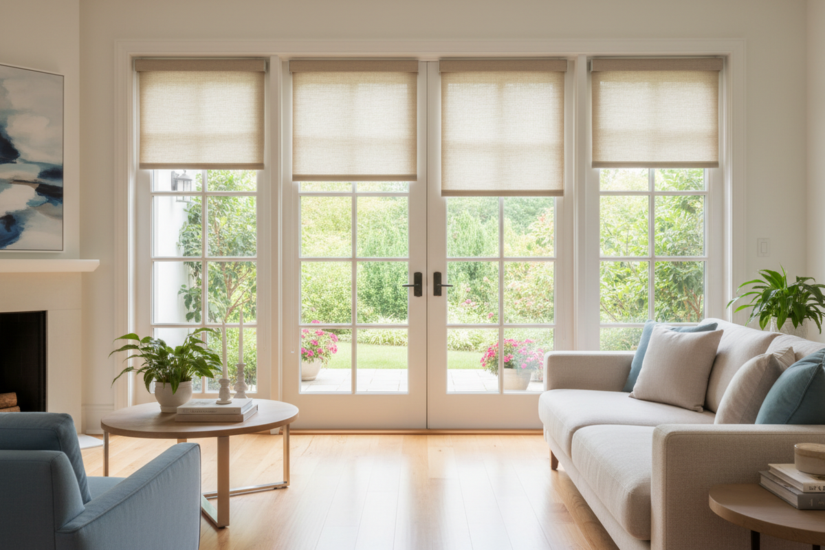 Curtarra no-drill shade solution for French doors in a rental home