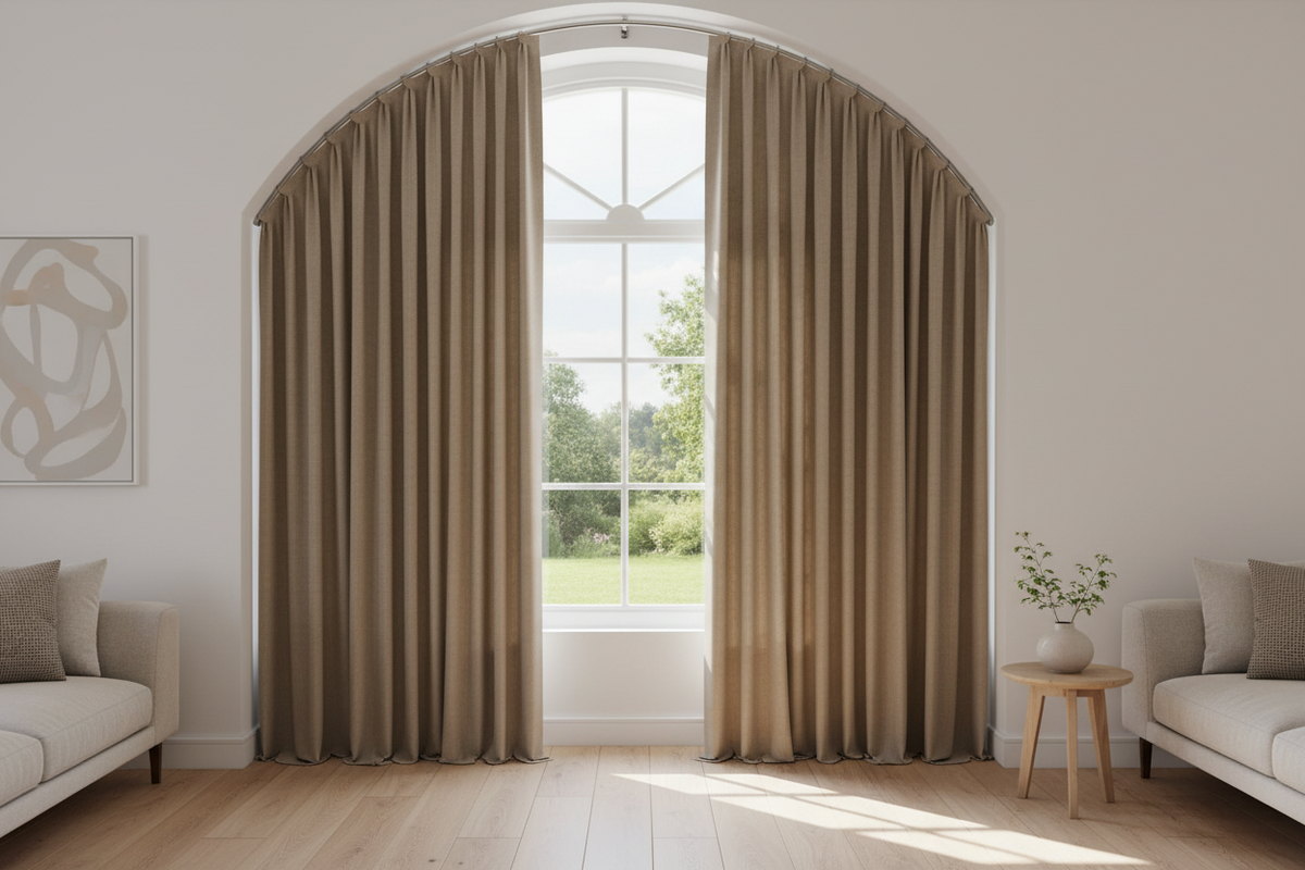Custom curtains tailored for odd-shaped windows with elegant draping and precise fit