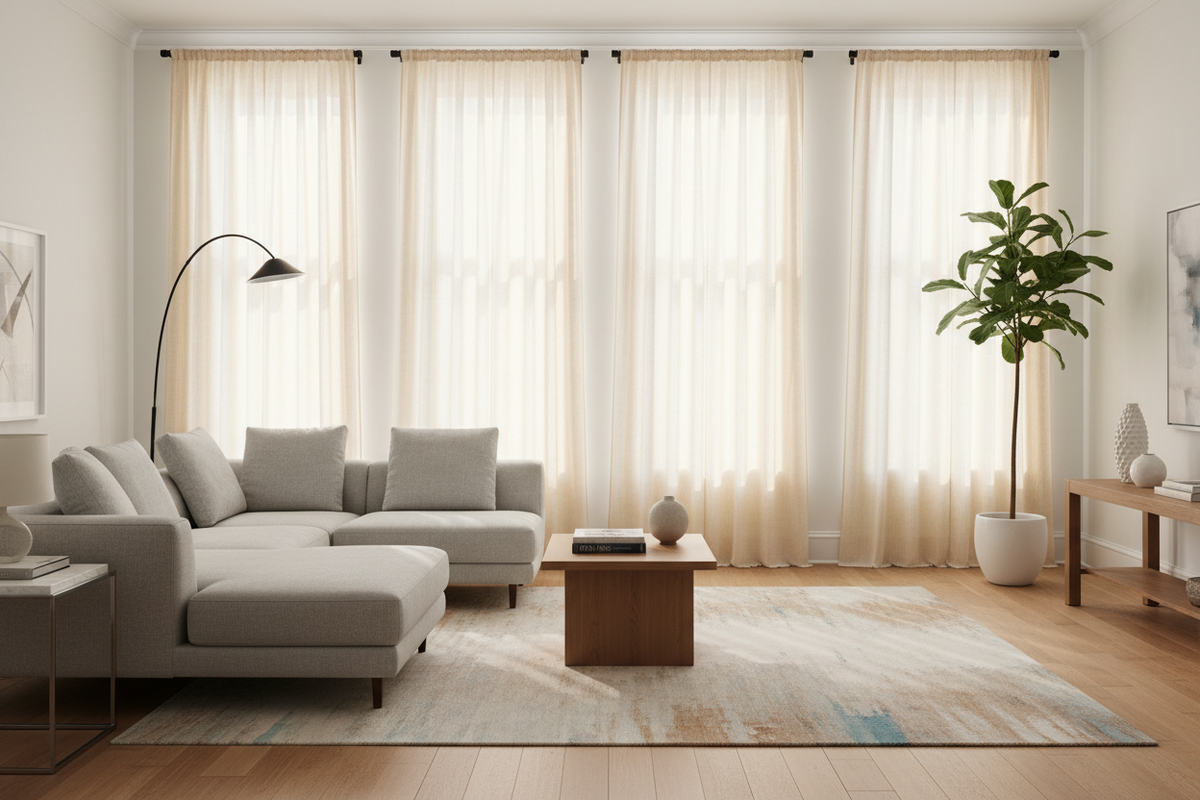 Linen blend drapes in a bright modern new home living room with perfect fit and elegant drape