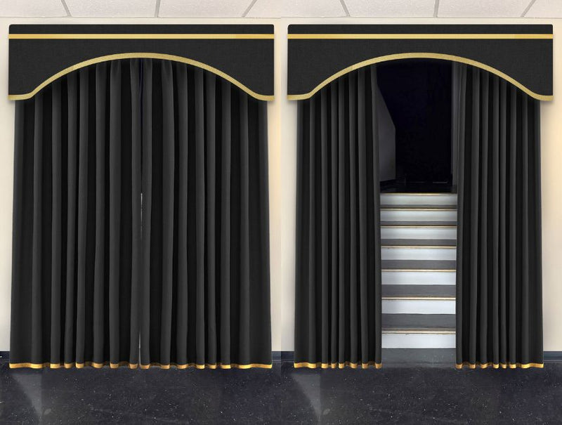 Diagram showing French return rod, ceiling mount, valance and floor pooling on a home theater wall