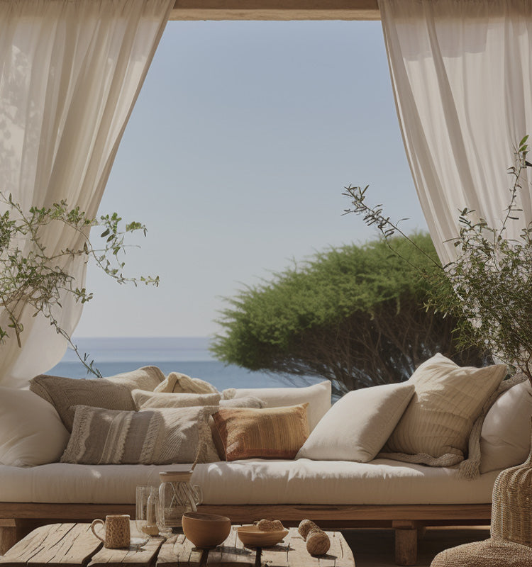 Coastal patio featuring Edith Waterproof Sheer Curtains, creating a serene, shaded retreat with water-resistant privacy.