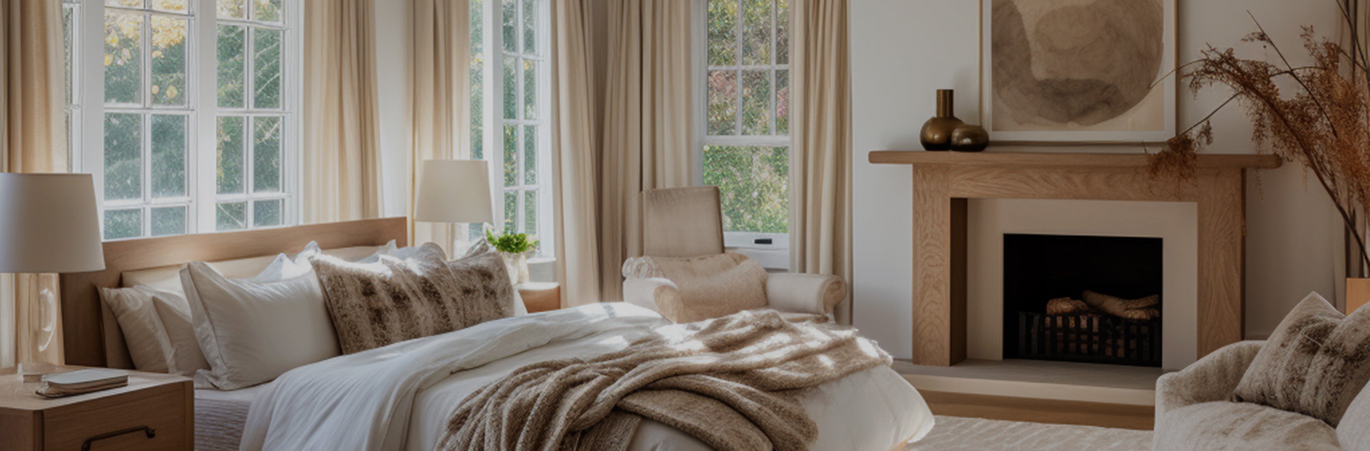 Eleanor Cotton-Blend drapes, with thermal and linen texture, softly filter light in a cozy bedroom.