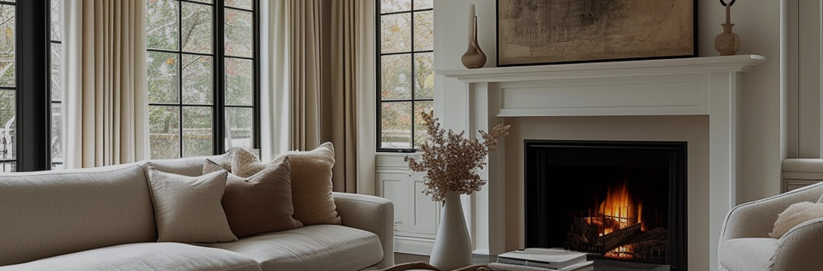 Custom Elma Soft Blackout Velvet Curtains in a neutral beige, complementing the chic interior of a living room. These polyester velvet drapes are designed for full light blocking, superior privacy, and thermal efficiency, making them a perfect choice for large windows in contemporary homes, ensuring both style and functionality.