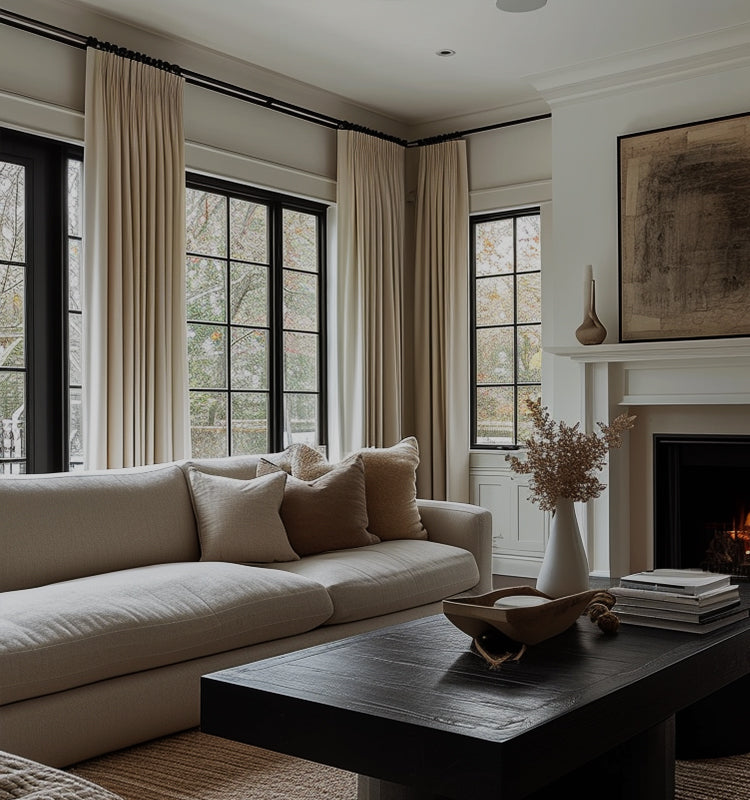 Elma Soft Blackout Velvet Custom Curtains in solid beige, elegantly framing large windows in a sophisticated living room with a cozy fireplace. These custom-made polyester velvet drapes offer significant noise reduction, scratch resistance, and thermal insulation, enhancing privacy and contributing to energy savings in a stylish setting.