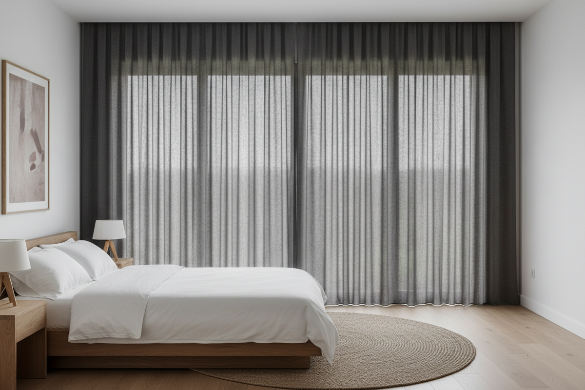 Luxurious extra wide linen curtains covering large bedroom windows