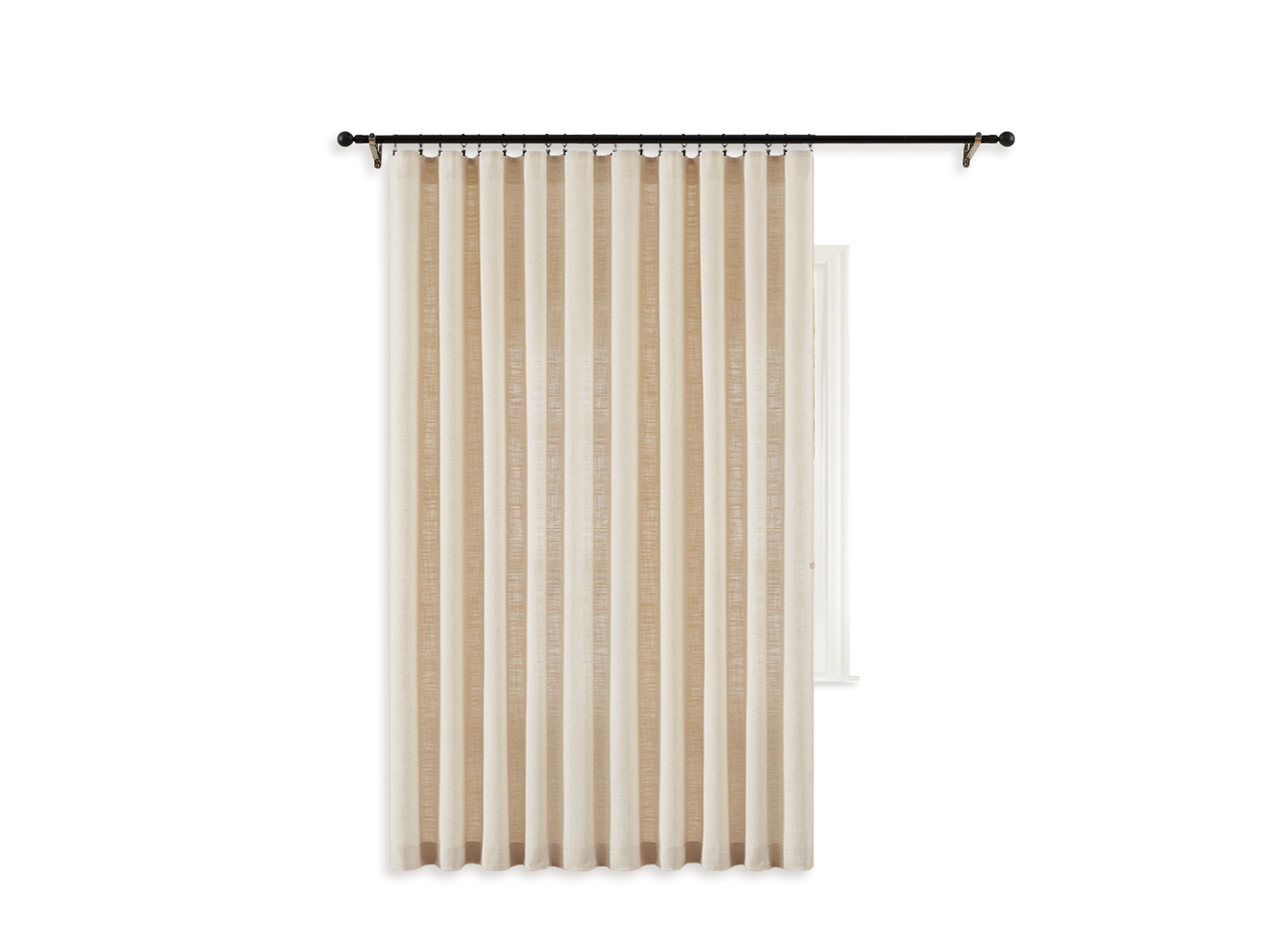 One panel of flat panel curtain hangs on a black rod with rings and clips.