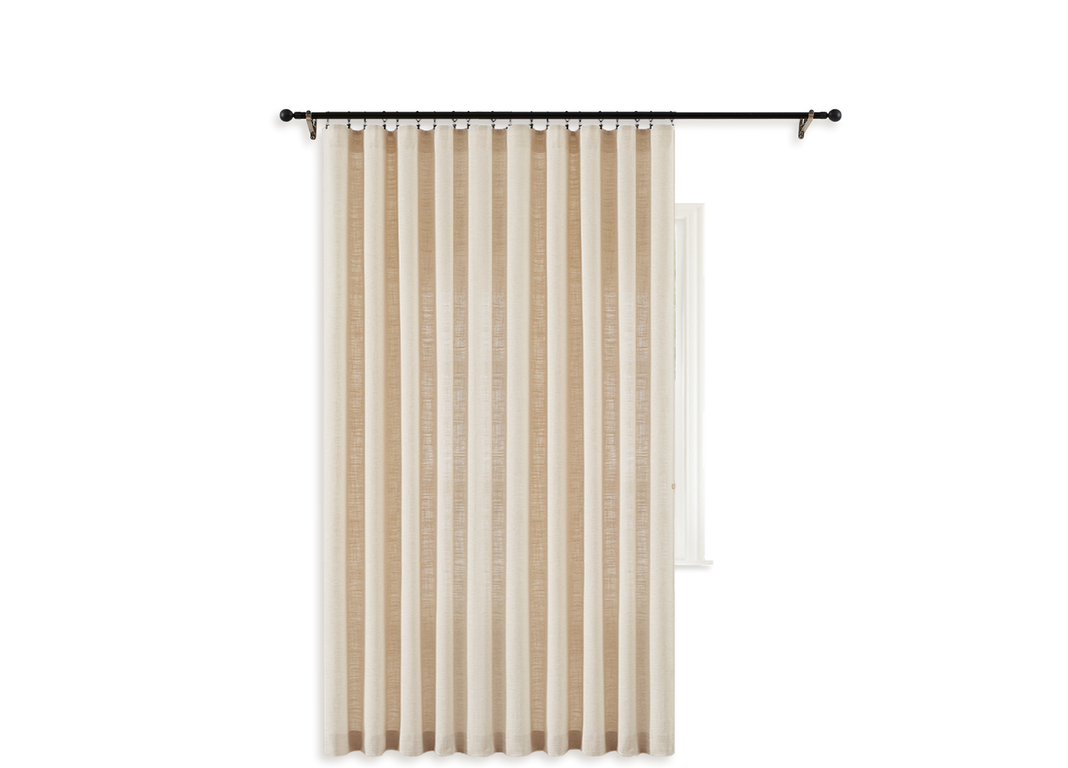 One panel of flat panel curtain hangs on a black rod with rings and clips.