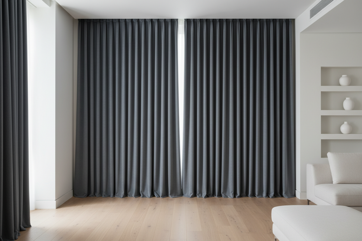 Floor-to-ceiling blackout curtains in elegant modern interior showcasing premium light control