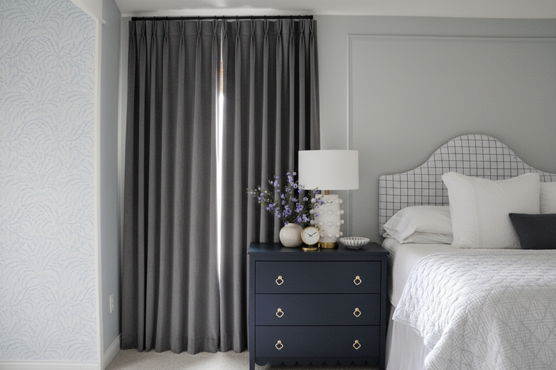 Floor-to-ceiling blackout curtains installation example with ceiling mount