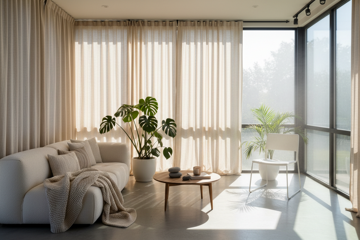 Sunroom with Curtarra heat-blocking curtains demonstrating cooling effect