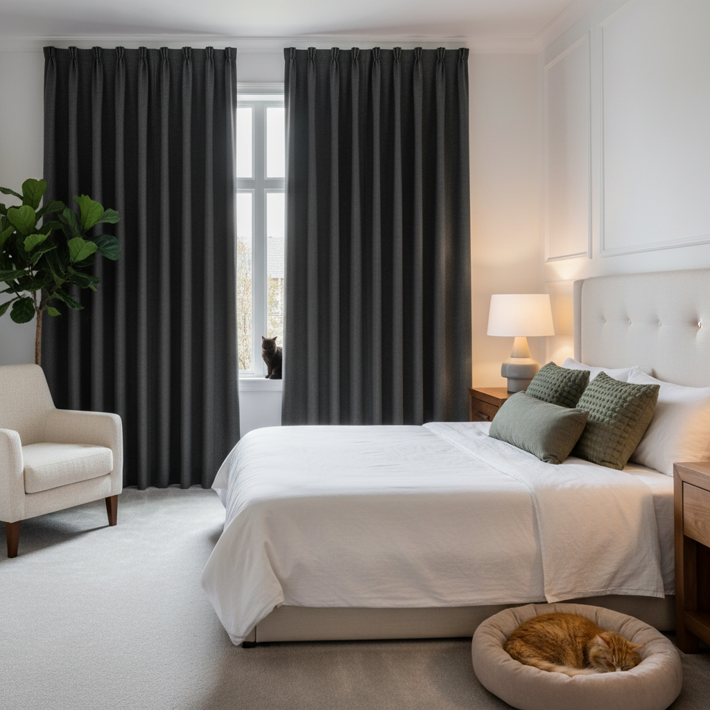 Heavy duty blackout curtains resistant to pet claws in a stylish modern bedroom