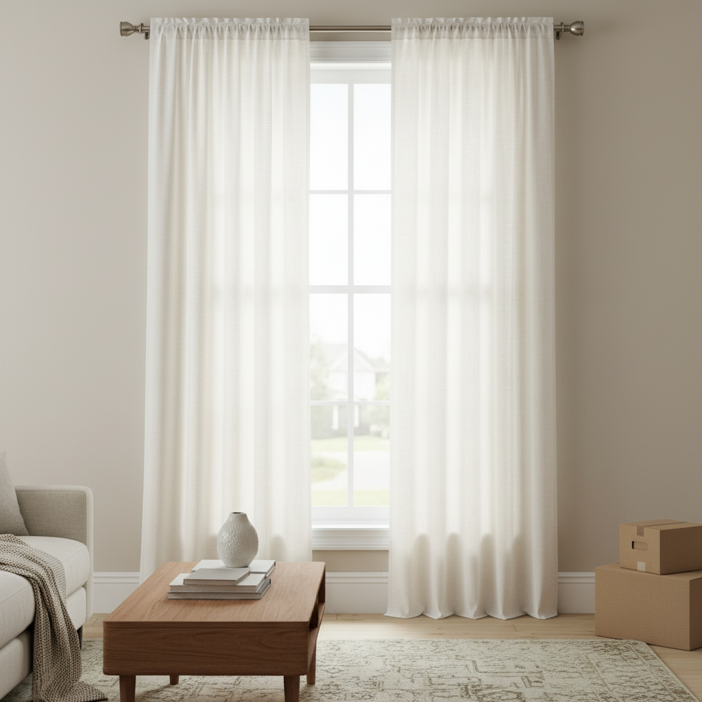 High privacy linen curtains in new house living room preventing view from outside