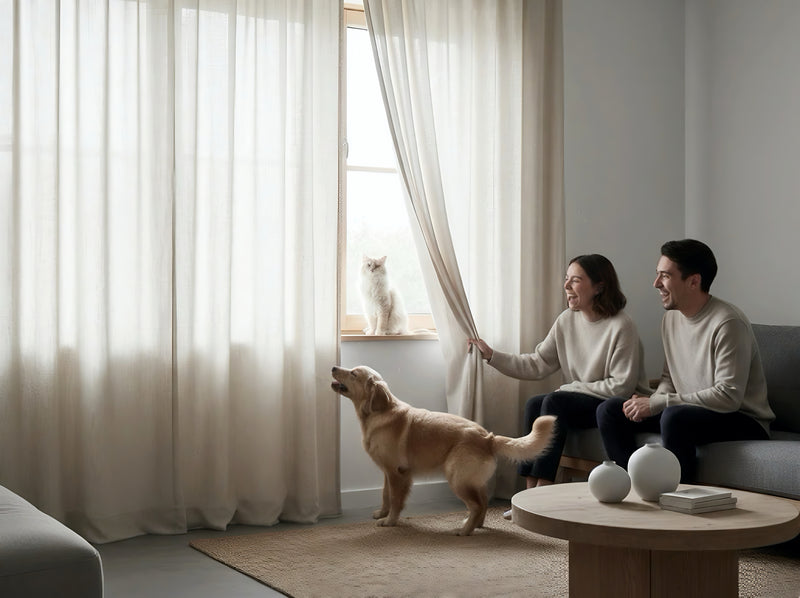 Expert demonstrating pet-friendly curtain fabrics