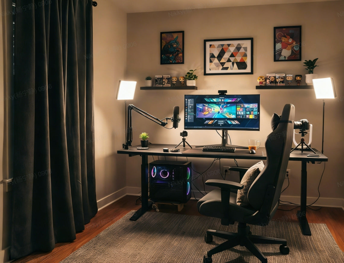 Professional streaming setup with blackout curtains blocking all external light