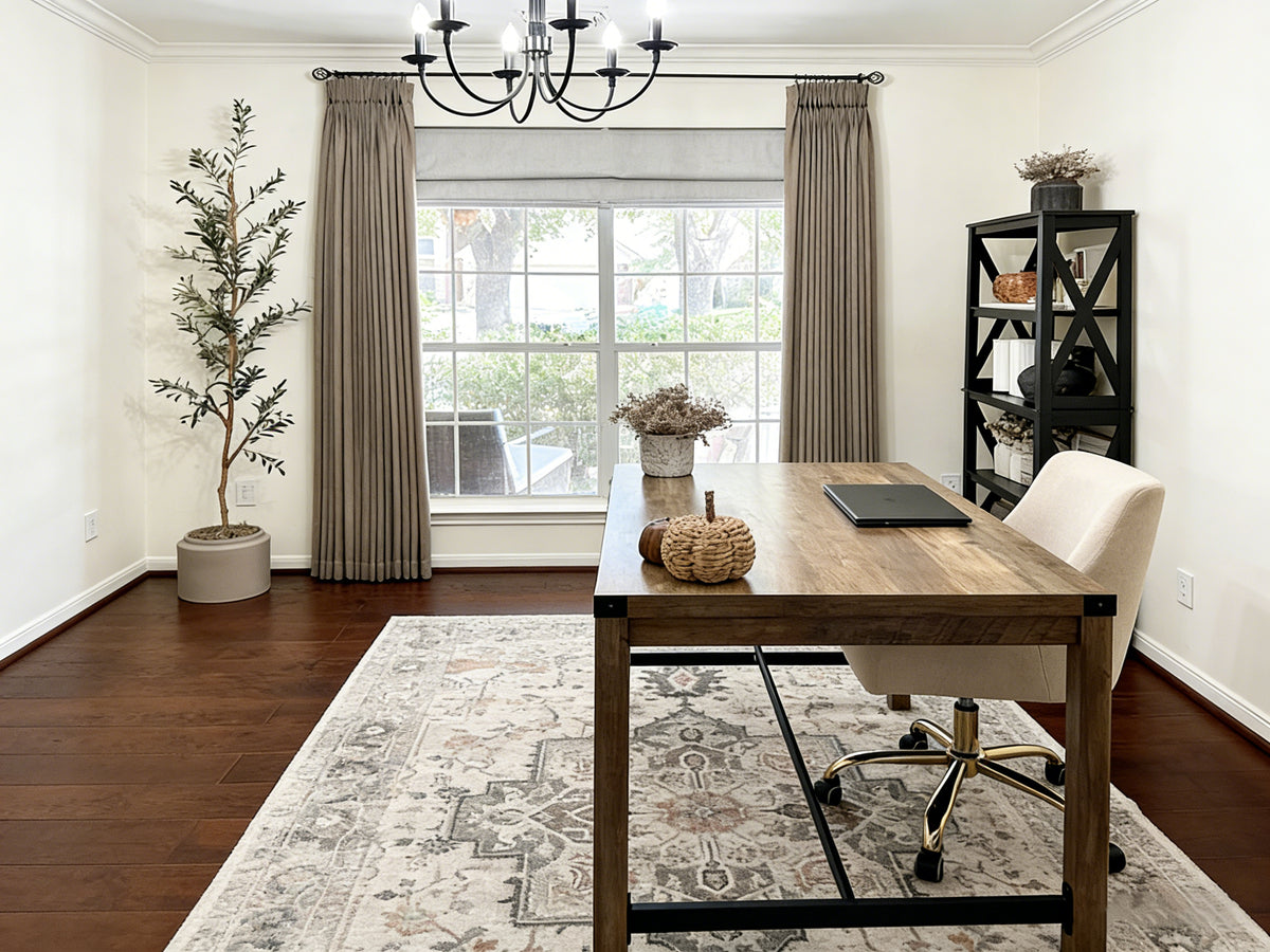 Professional home office with glare-reducing curtains